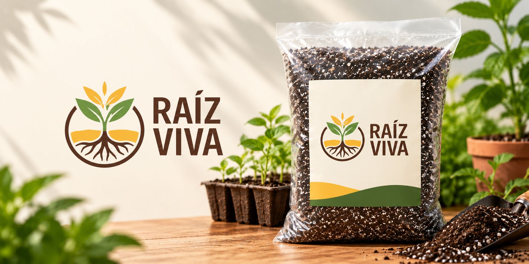 Bolsa de sustrato Raíz Viva sobre una mesa de madera, junto a almácigos, plantas y tierra, con el logotipo de la línea al costado